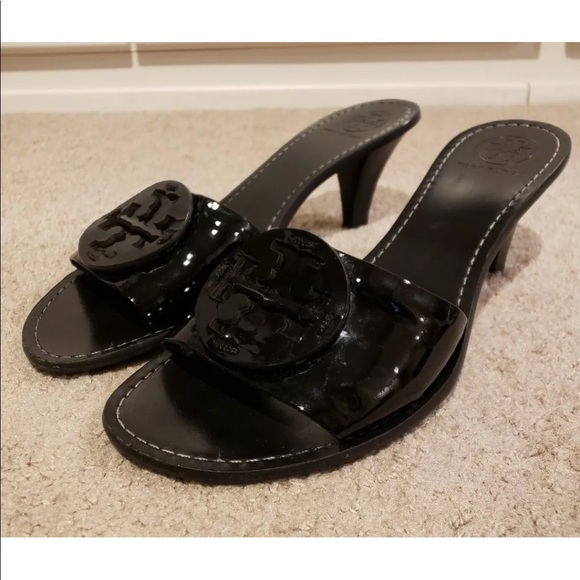 black patent leather slides